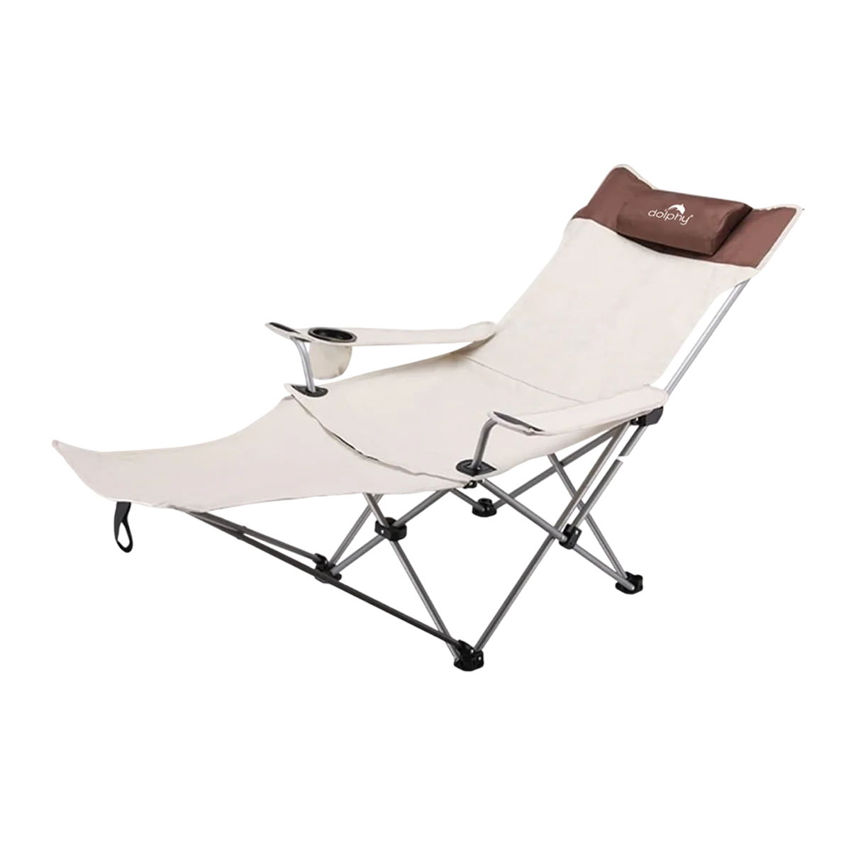Dolphy Camping Adjustable Lounge Chair with Headrest & Cup Holder- White